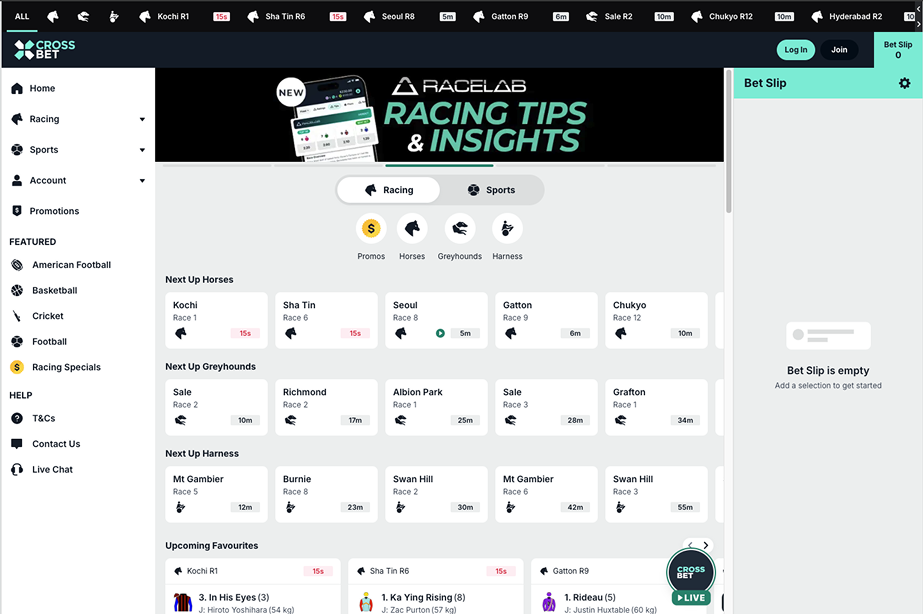 CrossBet Australia sportsbook homepage showcasing an intuitive platform and wide-ranging markets.