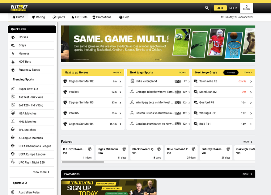 EliteBet Australia sportsbook homepage featuring a professional design and racing-heavy focus.