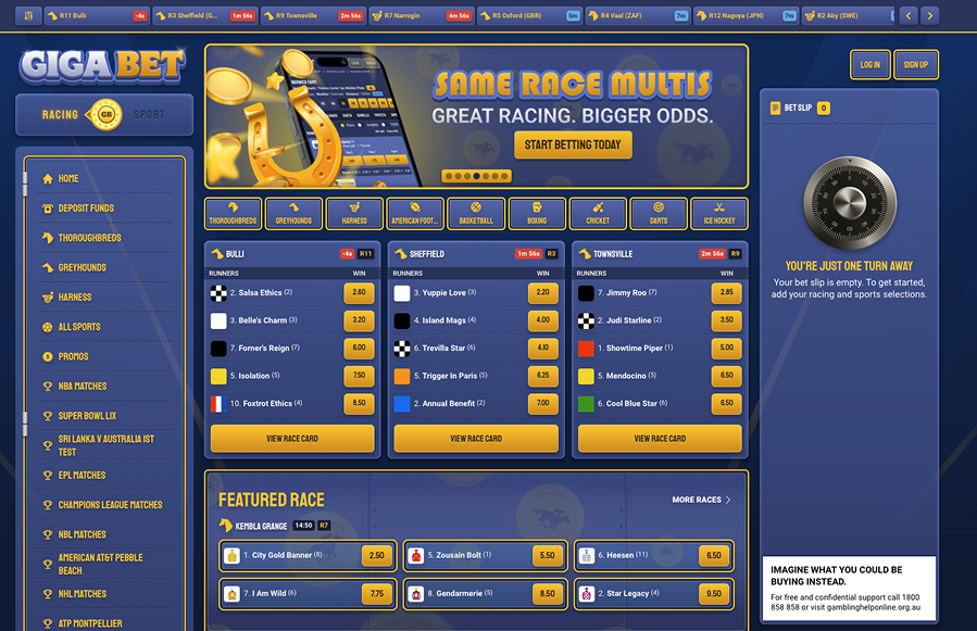 GigaBet Australia sportsbook homepage showcasing a bold design and extensive betting options.