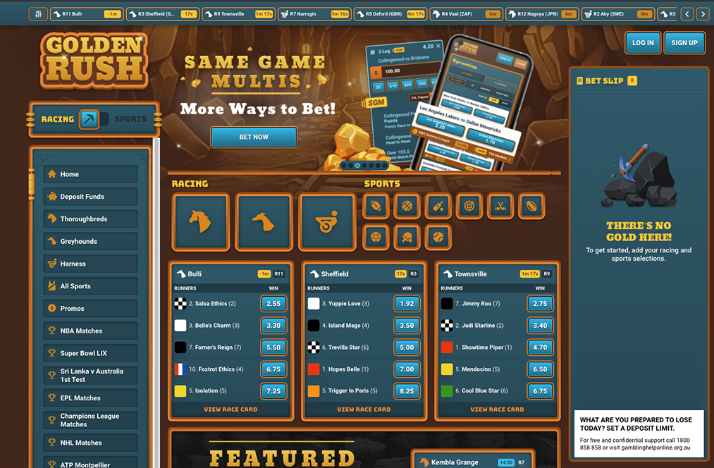 GoldenRush sportsbook homepage featuring an intuitive platform and competitive sports odds.