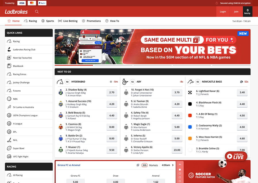 Ladbrokes Australia sportsbook homepage showcasing live betting and extensive market coverage.
