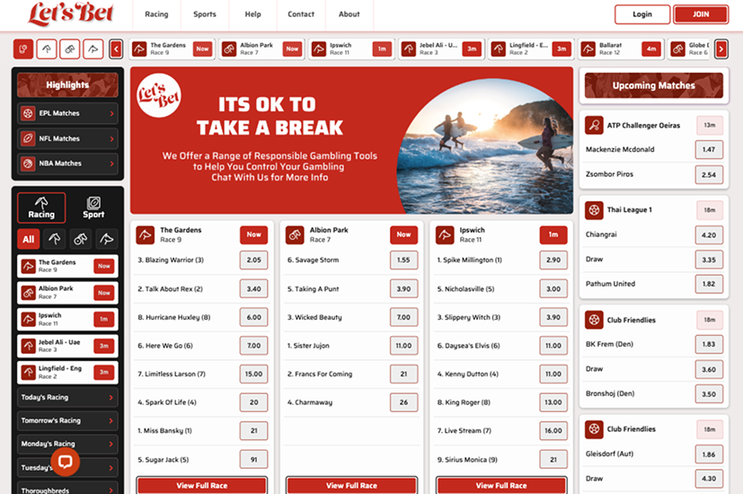 Let’s Bet sportsbook homepage featuring a sleek design and a variety of betting options.