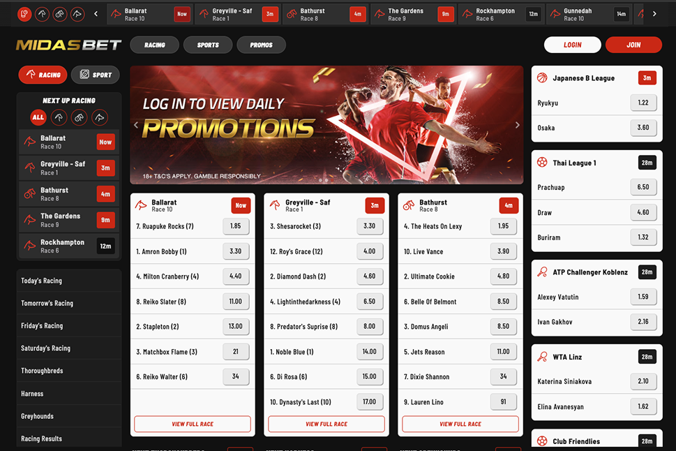 MidasBet Australia sportsbook homepage showcasing an elegant design and premium racing markets.