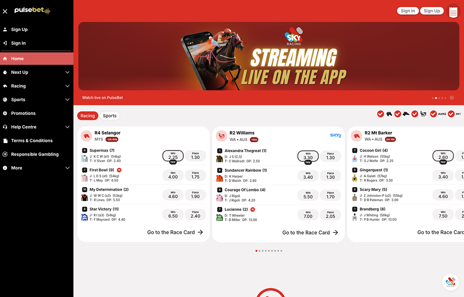 PulseBet Australia sportsbook homepage showcasing a sleek design and extensive sports betting markets.
