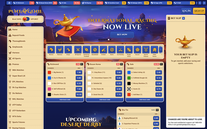 PuntGenie Australia sportsbook homepage featuring an intuitive design and diverse betting markets.